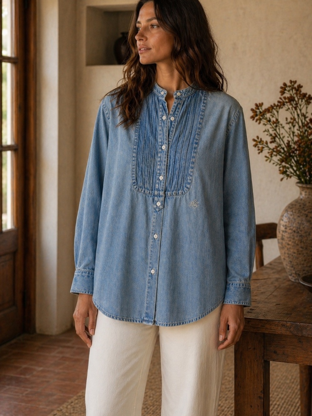 Lauren Ralph Lauren Chambray Pintuck Bib Tunic Top Blue M